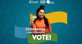 Identidade visual da campanha “Título em Dia”, do TSE em parceria com o Kwai. A imagem mostra um...