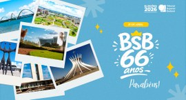 Arte produzida pela Secom do TSE com postais de pontos turísticos de Brasília em homenagem aos 6...