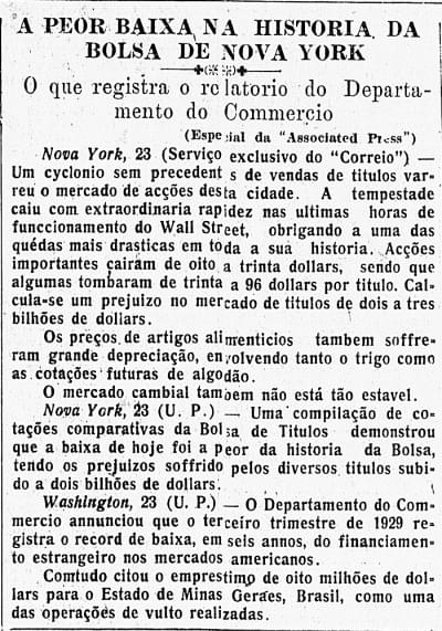 Imagem 1.1-editado.jpg com a legenda <em>Matéria do jornal Correio da Manhã sobre a quebra da Bolsa de Valores de Nova York,</em> 24/10/1929.<br/><strong>Biblioteca Nacional</strong>