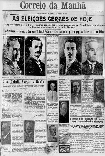 Imagem 1.2-editado.jpg com a legenda <em>Capa do jornal Correio da Manhã destaca a posse de Getúlio Vargas como chefe do governo provisório, </em> 4/11/1930.<br/> <strong>Biblioteca Nacional</strong>