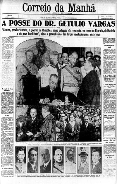 Imagem 1.2.1-editado.jpg com a legenda <em>1.2.1 - Capa do jornal Correio da Manhã destaca a posse de Getúlio Vargas como chefe do governo provisório, </em> 4/11/1930.<br/> <strong>Biblioteca Nacional</strong>