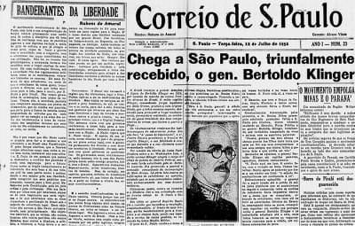 Imagem 3.3-editado.jpg com a legenda <em>Capa do jornal Correio de São Paulo exalta o movimento revolucionário,</em> 12/7/1932. <br /> <strong>Biblioteca Nacional</strong>
