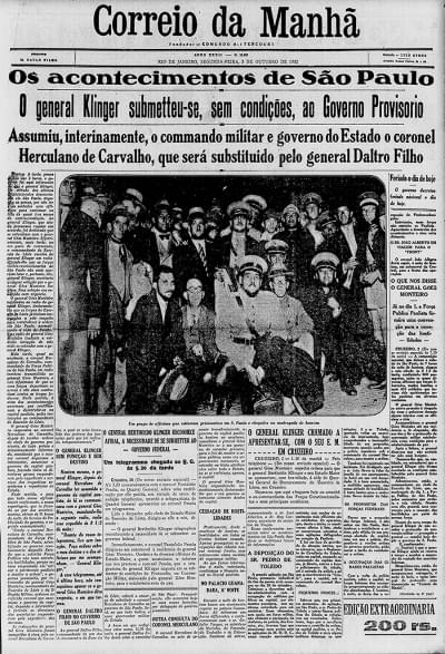 Imagem 3.6-editado.jpg com a legenda <em>Jornal Correio da Manhã noticia a rendição do movimento revolucionário de São Paulo,</em> 3/10/1932. <br /><strong>Biblioteca Nacional</strong>
