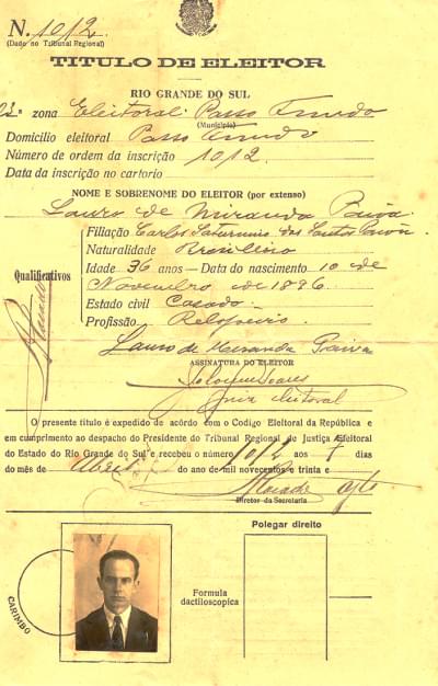 Imagem 4.10-editado.jpg com a legenda <em>Título de eleitor de Lauro de Miranda Faria,</em> 7/4/1933. <br/><strong>Museu do Voto (TSE)</strong>