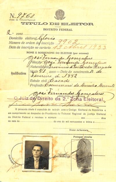 Imagem 4.9-editado.jpg com a legenda <em>Título de eleitor de José Fernandes Gonçalves, </em>12/4/1933. <br/><strong>Museu do Voto (TSE)</strong>