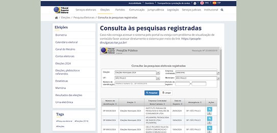 Na página de Consulta às Pesquisas Registradas, preencha o campo “Eleições”, selecionando “Eleiç...