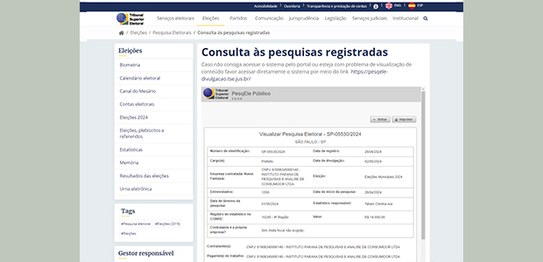 Na página de Consulta às Pesquisas Registradas, preencha o campo “Eleições”, selecionando “Eleiç...