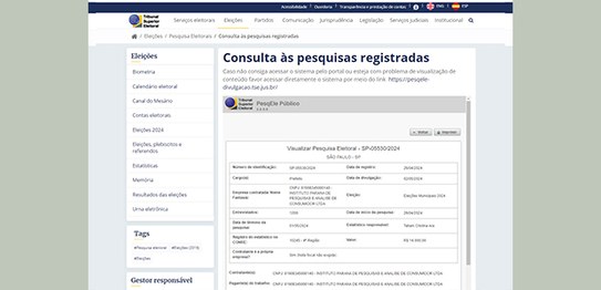 Na página de Consulta às Pesquisas Registradas, preencha o campo “Eleições”, selecionando “Eleiç...