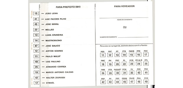 Cédula eleitoral, usada nas eleições de 1988, para os cargos de prefeito e vereadores da cidade ...