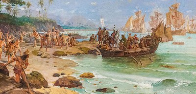 Desembarque de Pedro Álvares Cabral em Porto Seguro em 1500 — Foto: Oscar Pereira da Silva/Repro...