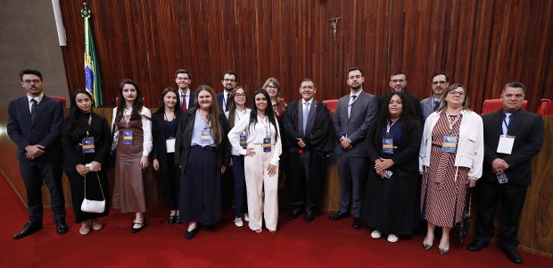 Grupo de alunos que presenciaram uma sessão plenária. Eles estão lado a lado sobre um carpete ve...