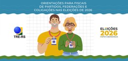 arte grafica com duas pessoas com seus crachas, orientações para fiscais de partidos, federações...