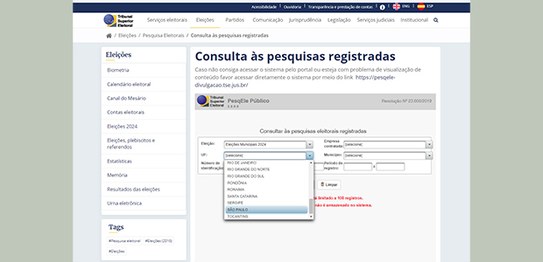 Na página de Consulta às Pesquisas Registradas, preencha o campo “Eleições”, selecionando “Eleiç...