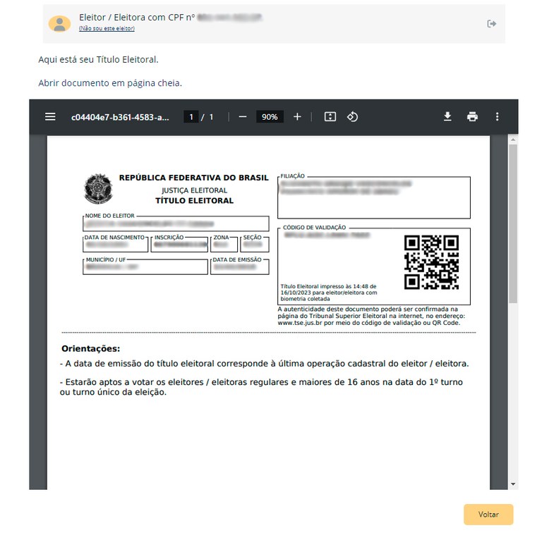 O Título Eleitoral é disponibilizado em formato PDF, com QR Code que valida o documento como ofi...