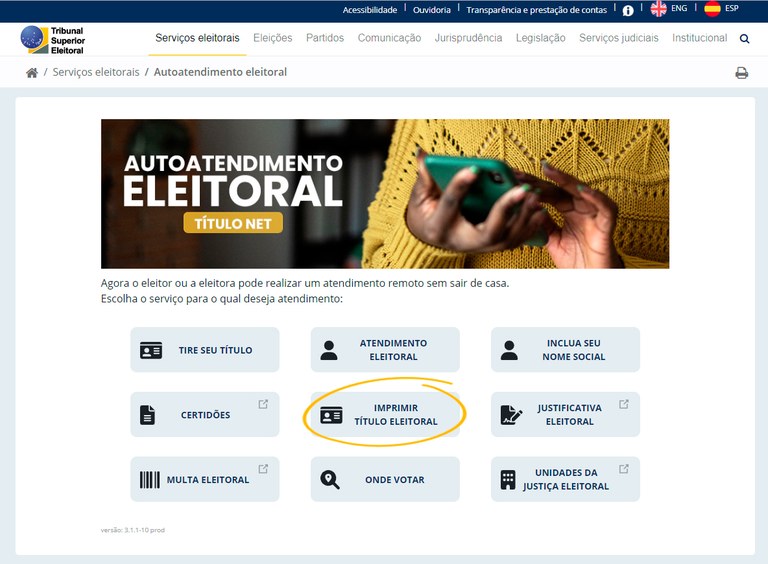 Para imprimir título eleitoral, escolha a opção Imprimir Título Eleitoral