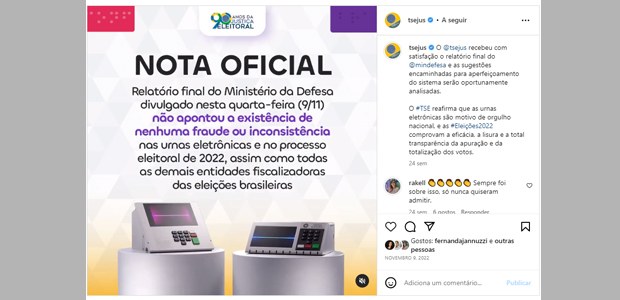 Post no Instagram do TSE vencedor da categoria Xô Fake News 