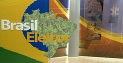 Banner Brasil Eleitor, com metade da bandeira nacional e mapa do Brasil ao centro.