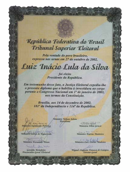 Diploma do ex-presidente Luiz Inácio Lula da Silva 