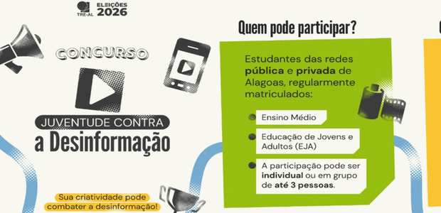 Arte do concurso “Juventude contra a Desinformação”, das Eleições 2026, com ilustrações de megaf...