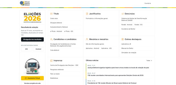 Layout do Portal do TSE durante as Eleições 2026
