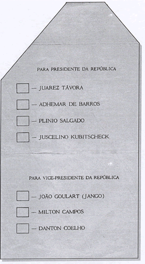 Primeira cédula oficial utilizada no Brasil. Eleições para presidente, 1955