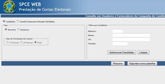 Print screen com a visualização da tela do sistema de prestação de contas eleitoral (SPCE-WEB)