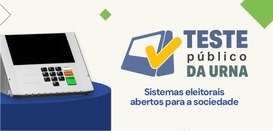 Desenho de uma urna eletrônica no canto esquerdo do banner. No canto direito, está escrito Teste...