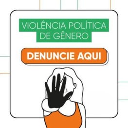 Ilustração contendo um,a mulher com a mão direita projetada para frente. Com os dizeres: Violênc...