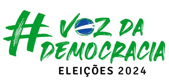 Logo das eleições 2024 com o texto: # voz da democracia, eleições 2024